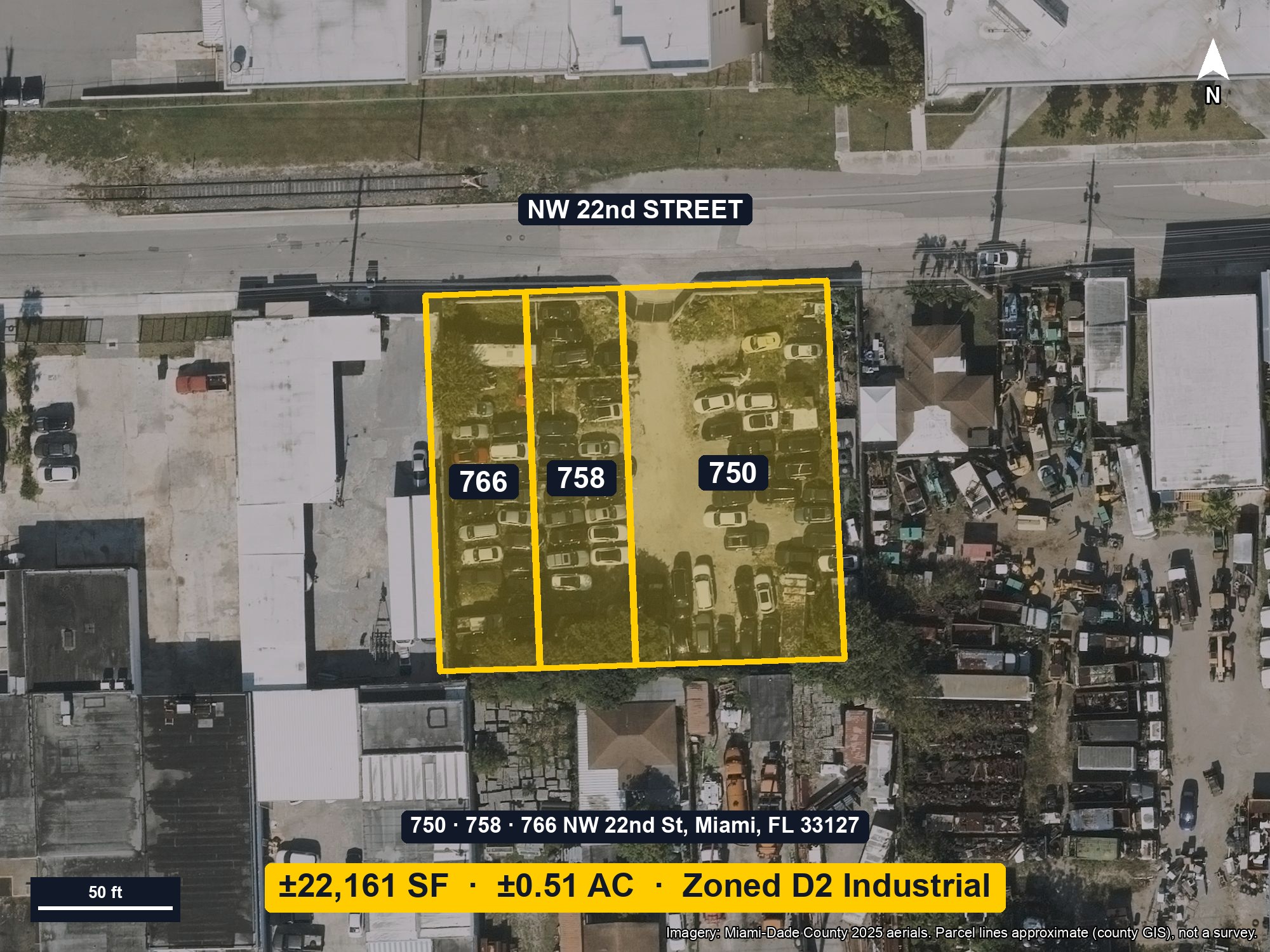 Aerial view with approximate parcel boundaries outlined in yellow